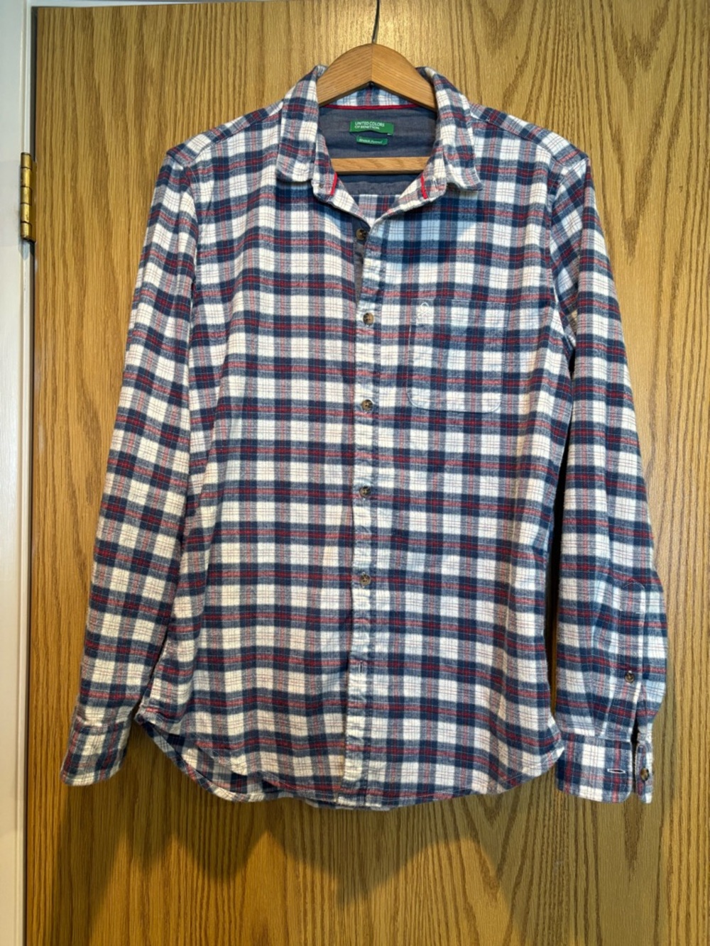 United Colors Of Benetton Men’s Plaid Button-Down Flannel Shirt Blue, Red, White